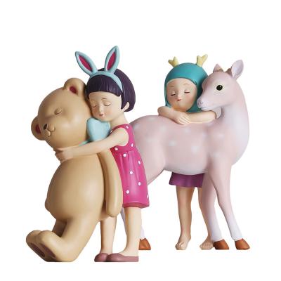 China China Cute Cartoon Character Hugging Rabbit And Bear Bedroom Bedside Table Gift Resin Desk Ornament for sale