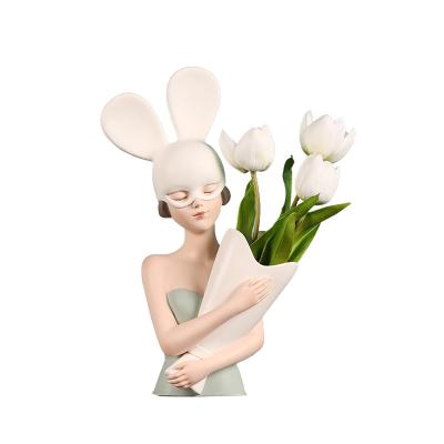 China Character Light Luxury Simple Home Decoration Flower Girl China Rabbit Resin Desktop Ornament for sale