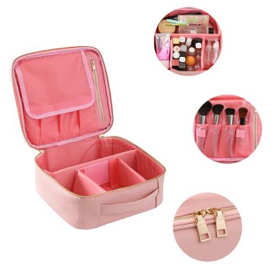 China Fashoion Travel Pink Makeup Bags And Cases PU Leather Cosmetic Bag Makeup Bag With Handle For Women for sale