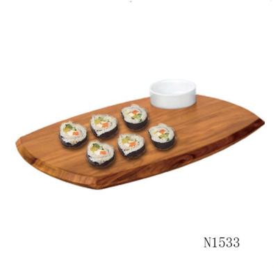 China Disposable Cheap Acacia Wood Dish Food Serving Tray With Ceramic Dip Bowl for sale