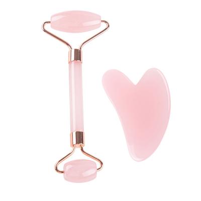 China Factory Wholesale 3D Face Massager Double Rollers/Portable/Cool/Comfortable Rose Quartz Facial Jade Roller and Gua Sha Tool for sale