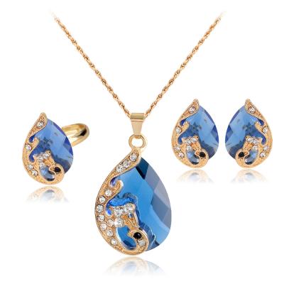 China CLASSIC 3pcs Fashion Elegant Gold Plated Rhinestone Crystal Gem Peacock Necklace Women Jewelry Set for sale