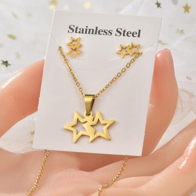 China Environmental Friendly Stainless Steel Jewelry Women Fashion Gold Plated Crown Flower Five-pointed Star Necklace Earring Pendant Jewelry Sets for sale