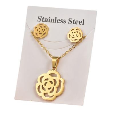 China Environmentally Friendly Fashion Stainless Steel Simple Gold Plated Cavity Rose Flower Necklace And Earrings Jewelry Set For Women for sale