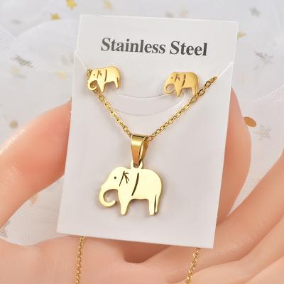 China Environmental Friendly Fashion Cute Gold Plated Stainless Steel Elephant Pony Cat Fish Pendant Necklace Earring Jewelry Sets For Women for sale