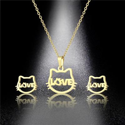 China Factory Environmentally Friendly Custom Made Stainless Steel Jewelry Women Fashion Cute Gold Plated Letter LOVE Cat Pendant Necklace Earrings Jewelery Set for sale