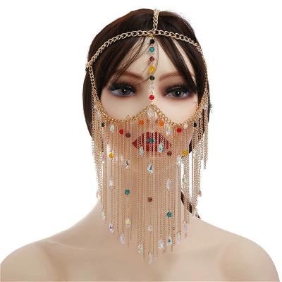 China Environmental Friendly Facemask Women Chain Gold Color Crystal Bead Tassle Face Cover Jewelry Dance Performance Chain Accessories for sale