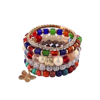 China New Design BOHEMIA 5pcs/set Fashion Bohemian Multilayer Handmade Rhinestone Beaded Women Elastic Bracelet Bangles for sale