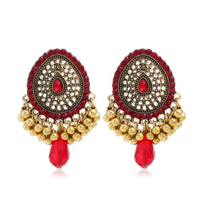 China BOHEMIA Factory Wholesale Ethnic Alloy Cavity Drop Shaped Rhinestone Retro Bead The Tassel Jhumka Earring Indian for sale