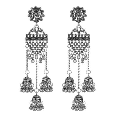 China New Fashion Vintage Ethnic Style Antique Silver Alloy Peacock Bell Beads Long Tassel Jhumka Earrings Indian Jewelry for sale