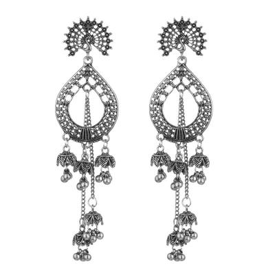 China New Fashion Ethnic Style Retro Antique Silver Alloy Peacock Pearl Long Tassel Jhumka Earrings for sale