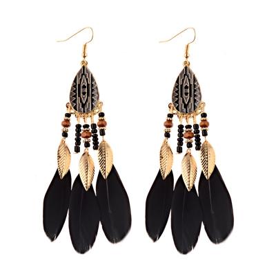 China 2021 New Fashion BOHEMIA Bohemian Stud Earrings Ethnic Handmade Wooden Tassel Feather Long Leaf Pearl Enamel Alloy Trendy Earrings For Women for sale