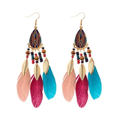 China BOHEMIA Feather Tassel Bohemian Earrings For Women Alloy Drop Shaped Enamel Bead Handmade Wooden Leaf Dangle Earrings for sale