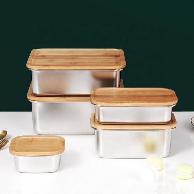 China Freshness Preservation Camping Lunch Box Lid 304 Stainless Steel Rectangle Wooden Food Storage Containers for sale