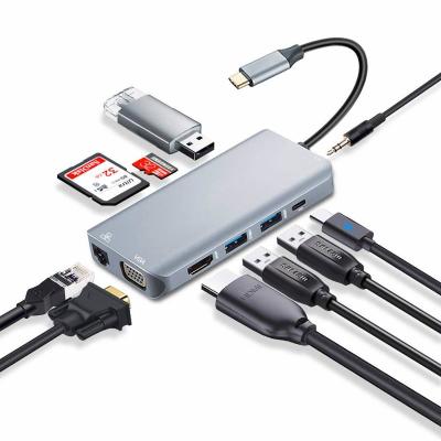 China Aluminum Alloy USB C Hub 10 in 1 USB3.1 Multiport Station 4K HDMI VGA RJ45 USB3.0 Dock SD TF Card Reader Mic Audio Palladium Type for sale