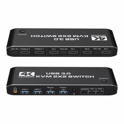 China Aluminum Alloy 2 in 2 out USB KVM Switch HDMI Switcher Support 2PC Computers USB3.0 HDMI2.0b 4K 60HZ Hot Key Remote for sale