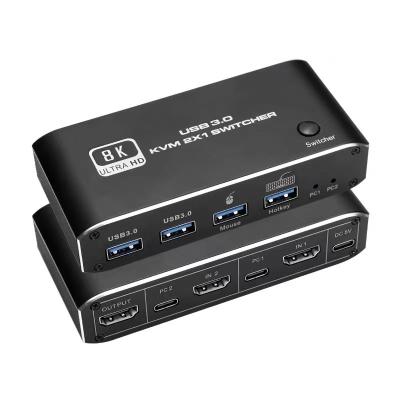 China Computers 2USB3.0 Left Support 2PC Switcher HDMI2.1 Hot Key 8K HDMI 2 Changer Aluminum Alloy Blue Tooth USB KVM Mouse or Keyboard for sale