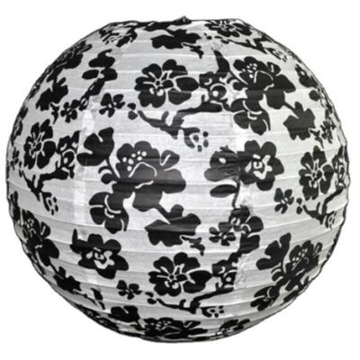 China Antique Black Flowers Printed Collapsible Hanging Handmade Round Rice Paper Lampshades for sale