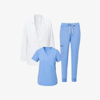 China Eithexu hospital three piece fashionable high quality hospital scrub sets for women scrub tops and pants and lab coats for sale