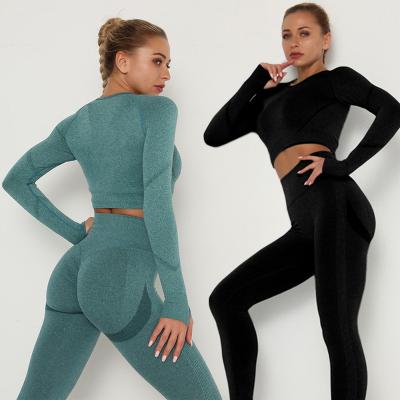 China QUICK DRY High Waist Butt Workout Seamless Slim Pants Set Sexy O-Neck Top Yoga Sets Long Sleeve Female Elastic Two-Piece Suit for sale