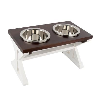 China Dog and Cat Pet Feeder Feeding Bowl Double Raised Wooden Raised Bowl Stand Comes With Paw And Bone Patterns for sale