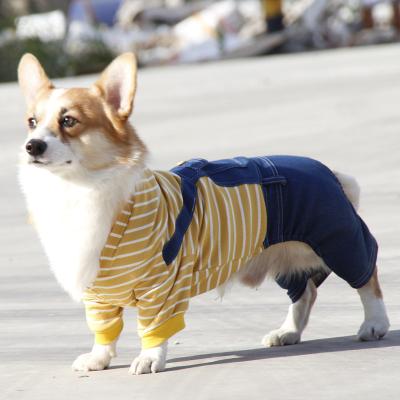 China Thick Dog Clothes Husky Samoyed Wear Denim Big Dog Viable Striped Dog Clothes Large Large Suspenders for sale