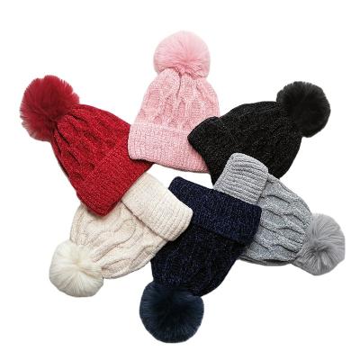 China COMMON Adult Ribbed Knitted Plain Beanie Hat Pom Pom Bobble Toques Solid Color Hat Fleece Lined For Women Men for sale