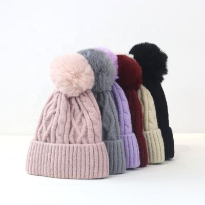 China Women Girls Wool COMMON Beanie Cap Solid Color Cashmere Custom Knitted Bobble Ribbed Winter Gorros Warm Hats for sale