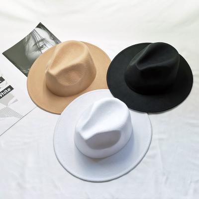 China ENGLAND STYLE Wholesale Mens Womens Stylish Panama Hats Stylish Flat Brim Jazz Hat Solid Color Polyester /Cotton Felt Fedora Hats for sale