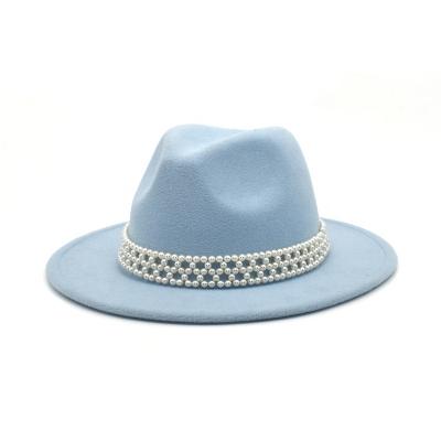 China Formal Elegant French Wide Women Fedora Hats With Pearl Chain Style Wool Felt Sombrero Solid Color Brim Top Hat Cap for sale