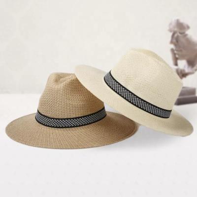 China Factory Wholesale Striped Men Knitted Flat Brim Panama Straw Hat Summer Sunscreen Sun Hat Custom Logo Wide Brim for sale