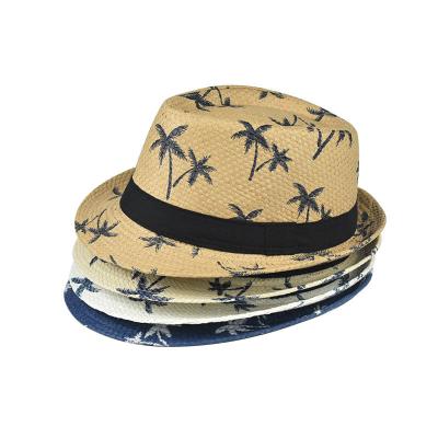 China Picture Fashion Summer Vacation Beach Hat Coconut Tree Printed Anti - Sun Hat Men Cheap Panama Straw Cap for sale