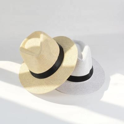 China Flat Brim Checked Straw Ribbon Fedoras Sun Protection Eco-Friendly Paper Straw Hats Men Summer Beach Vacation Sun Hat for sale