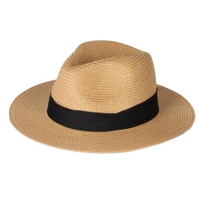 China Summer Khaki Fedora Beach Straw Sun Hat Panama Plain Brim Women's Sun Visor Hat Black Classic Wide Stripe Paper Hat for sale