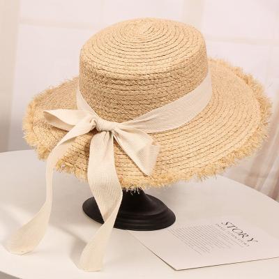 China Straw Hat Women Ladies Real Raffia Wide Brim Straw Hat Bowknot Summer Beach Sun Premium Raw Brim Striped Hat for sale