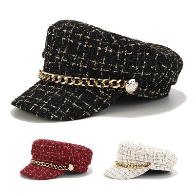 China Fashion ready to ship vintage newsboy beret hat women flat top army classic British fashion chain plaid military beret wholesale for sale