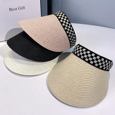 China Character Women Summer Outdoor Breathable Sports Cover Big Brim Beach Straw Hat Versatile Checked Hairband Visor Sun Hat for sale