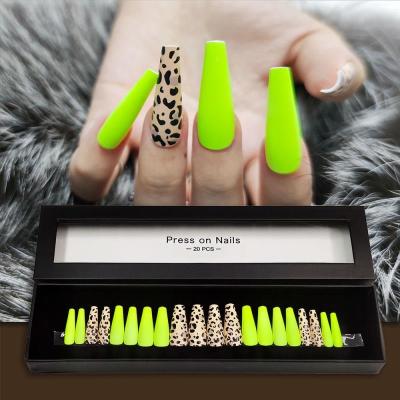 China New Design Cheetah Nails Product Ideas 2021 Long Coffin Artificial Nail Full Cover Designed Press On Nails With Box for sale