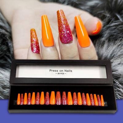 China 2021 Design Hot Sale Bling Artificial Finger Nail Orange Press On Extra Long Press On Nails Seller for sale