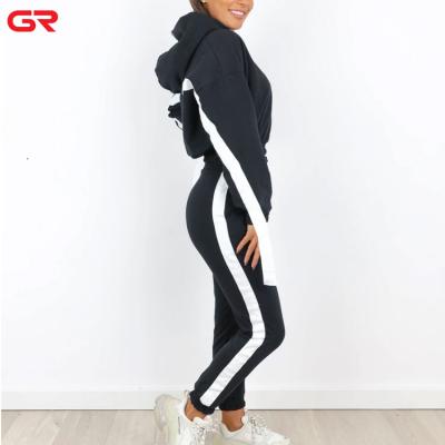 China Antibacterial Stripes Casual Details OEM Extra Band Cuffs Cropped Hooded Tracksuit Women Tracksuit for sale