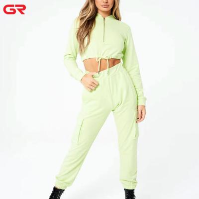 China Antibacterial Light Green Standing Collar Zipper Cropped Slim Fit Ladies Tracksuits 2020 for sale