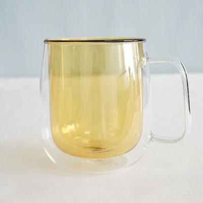 China New Arrival Modern Color Double Wall Insulated Glass Mugs Yellow Handle For Latte Coffee Tea for sale