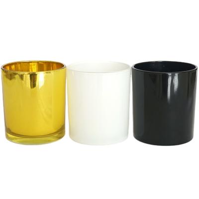 China Hot Sale 10oz Home Decoration Shiny Black White Empty Candle Gold Glass Jar With Wooden Lid for sale