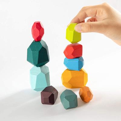 China Eco-friendly Material Wooden Sorting Stacking Balancing Stone Rocks Montessori Toys Educational Learning Rainbow Stacking Block for sale