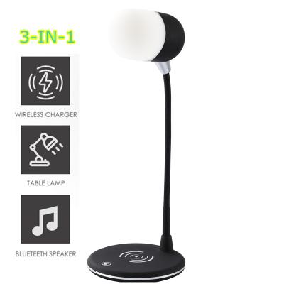 China Hot Selling 3-in-1 Multifunctional USB LED Table Lamp with Blue Tooths Speaker and Wireless Charger Indoor Foldable Night Desk Light for sale