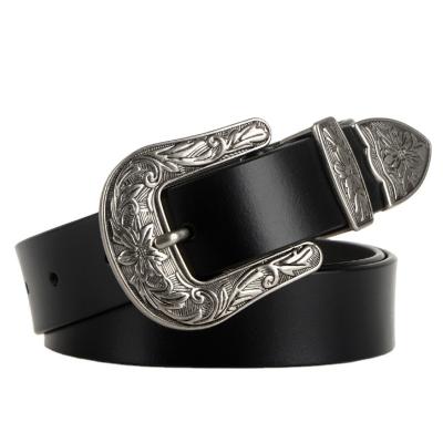 China Decoractive Fashion Female Vintage Metal Pin Jeans Designer Leather Belt Silver Pin Jeans Belt for Women for sale