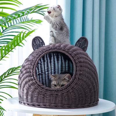 China 2021 Summers Raw Breathable Wholesale New Rattan Wicker Cat Bed Handwoven House for Cat Eco Friendly Pet Cave for sale