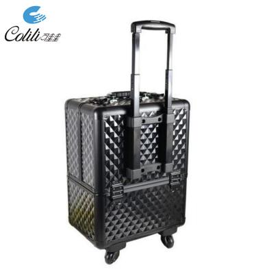 China Portable Cosmetic Makeup Beauty Hard Shell Trolley Aluminum Carrying Case With Wheels for sale