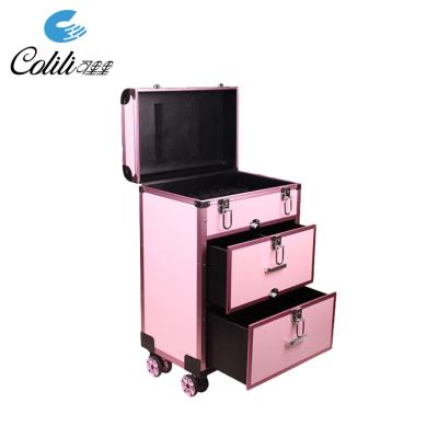 China Custom Aluminum Hard Shell Trolley Hairdressing Beauty Nail Polish Case With Draws Wheels for sale