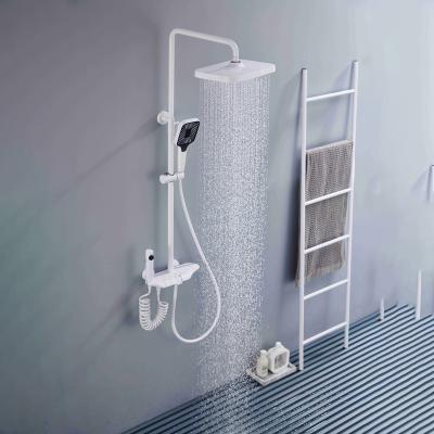 China New Piano Slide Bar Function 4 Function Bathroom Shower Faucet Set Ceramic White Brass Thermostatic Shower Cold And Cold for sale